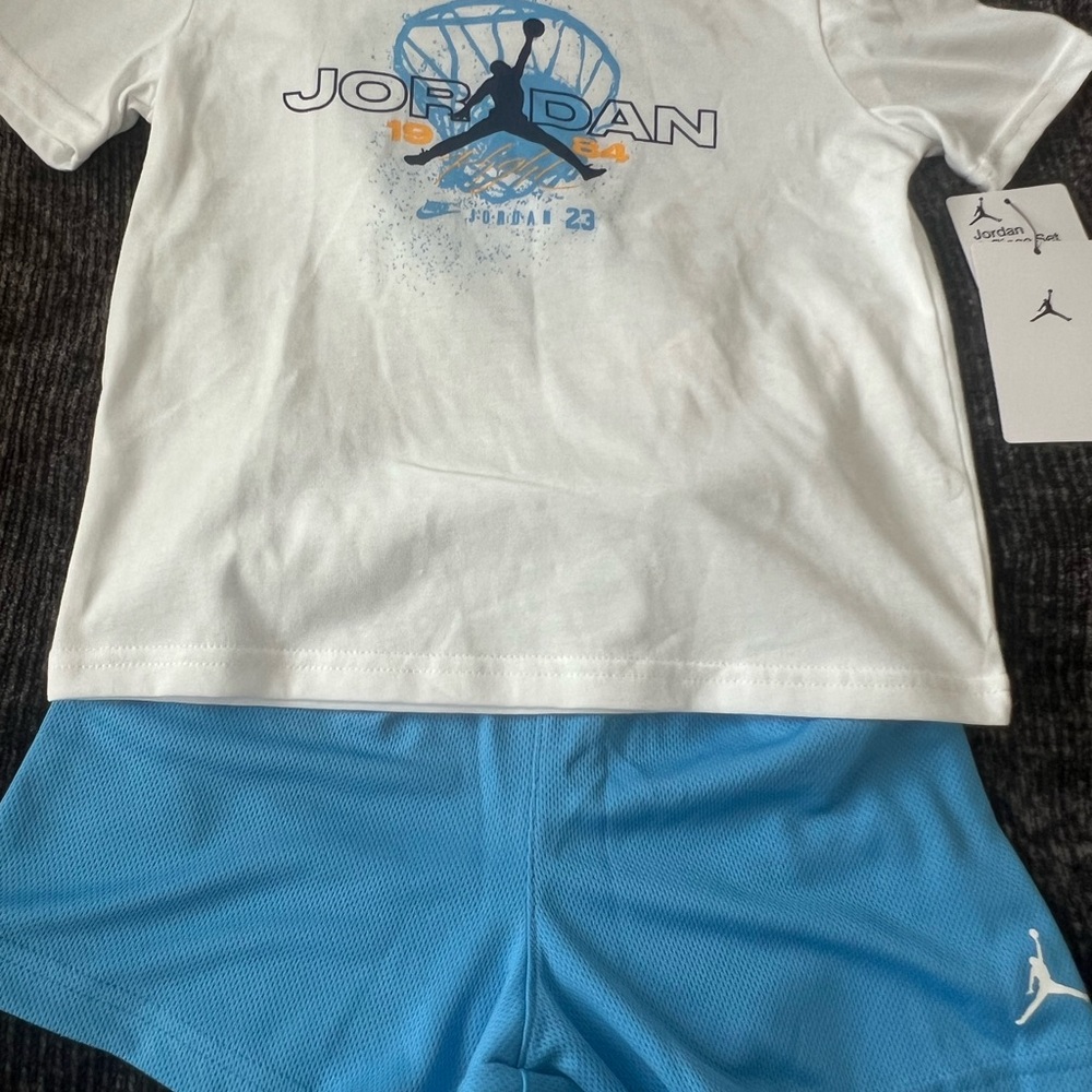 Jordan Boys White & Light Blue Basketball Tee + Shorts Set